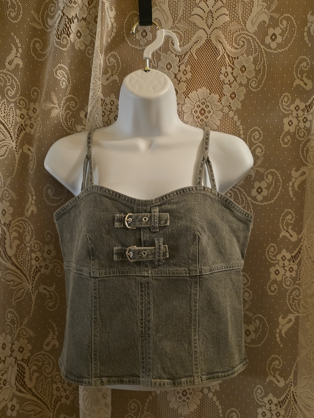 New wild fable Women's Size S Gray Wash Denim Buckle Accent Corset Crop Top